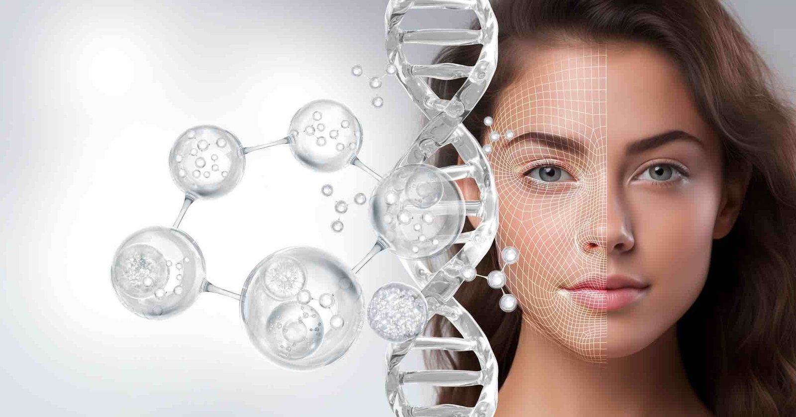 Woman with skincare and facial treatment concept featuring DNA and molecular imagery.